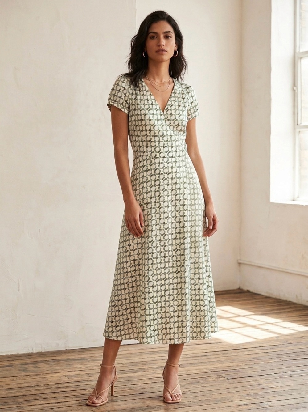 Zara Sage Green Geometric Wrap Midi Dress